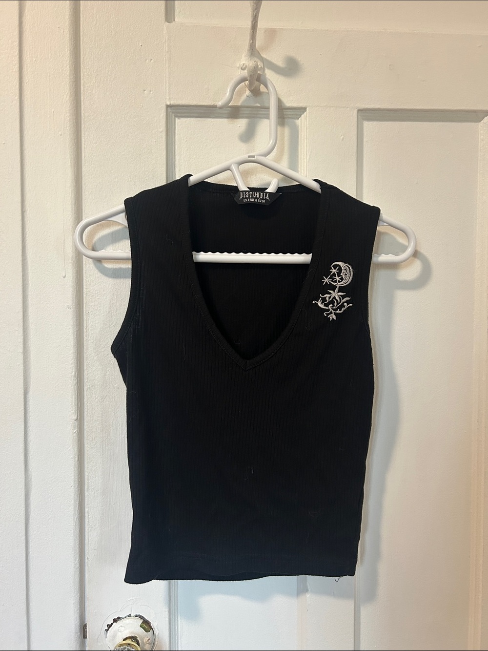 Disturbia Black Ribbed V-Neck Tank with White Moon & Star Embroidery XS
